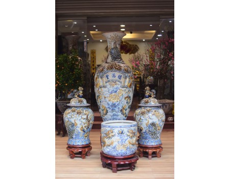Bộ bát hương, chóe, bảo bình men rạn cổ đắp nổi Bộ bát hương, chóe, bảo bình men rạn cổ đắp nổi